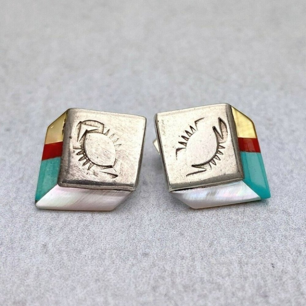 Vintage Hammered Sterling Turquoise MOP Earrings